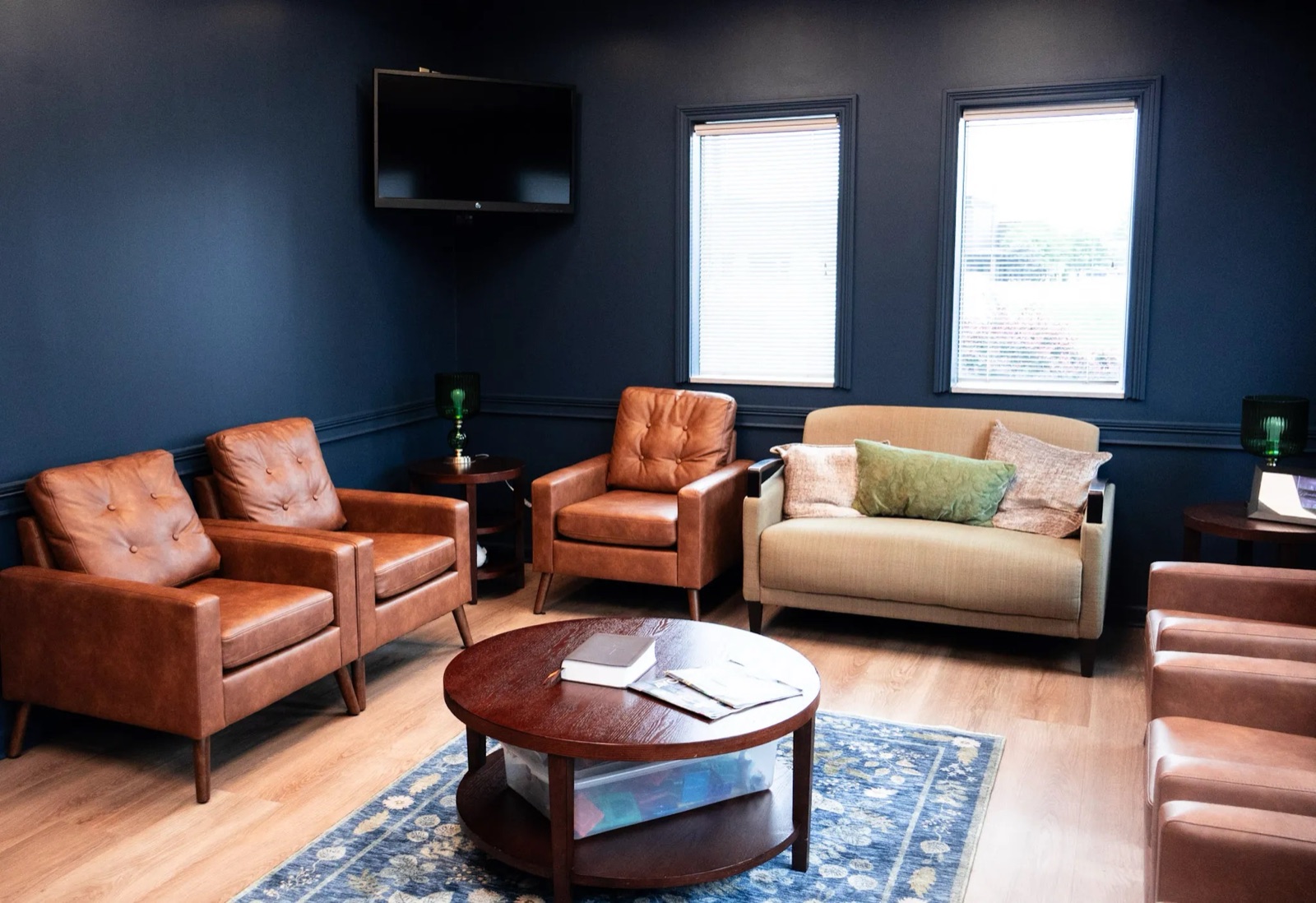 Dental office consultation room with warm wood cabinetry
