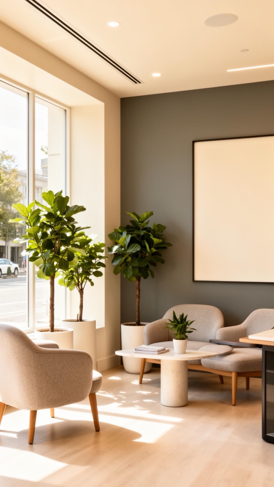 Dental office consultation area with warm lighting and plants